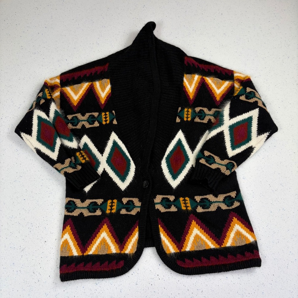 Vintage Southwest Aztec Blanket‎ Cardigan Sweater Black Geometric Chunky Knit M